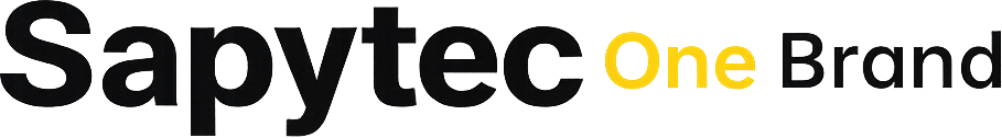Sapytec logo featuring the text "One Brand" in yellow and black, representing a digital solutions company in Kondotty, Kerala, offering web design, digital marketing, business strategy, eDirectory services, documentation support, resume building, and online training.
